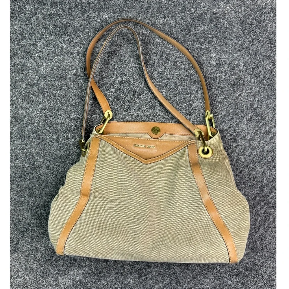 Michael Kors Beige Canvas Leather Trim Triple Compartment Shoulder Bag SCKPSOMY